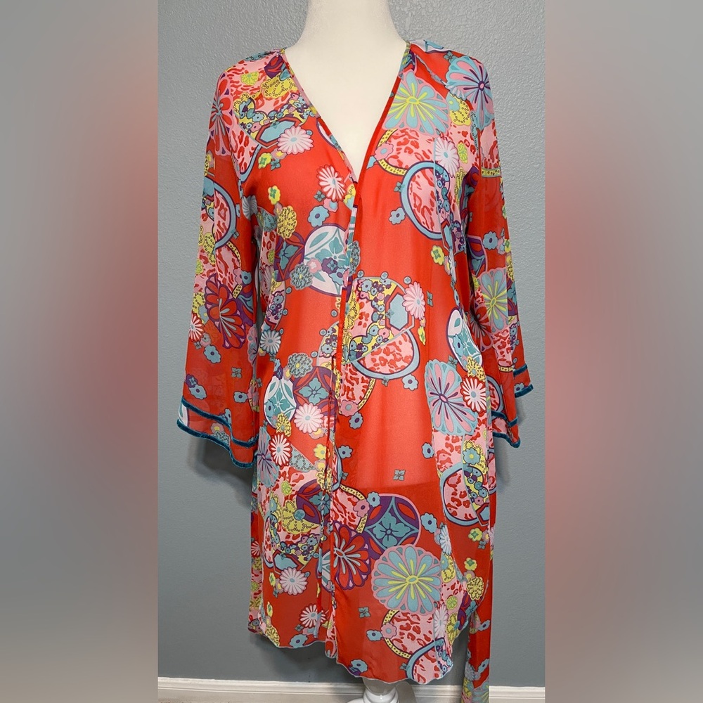 Josie Natori Floral Wrap Robe Womens Kimono Belted Lounge Boho Resort Small - Picture 7 of 10